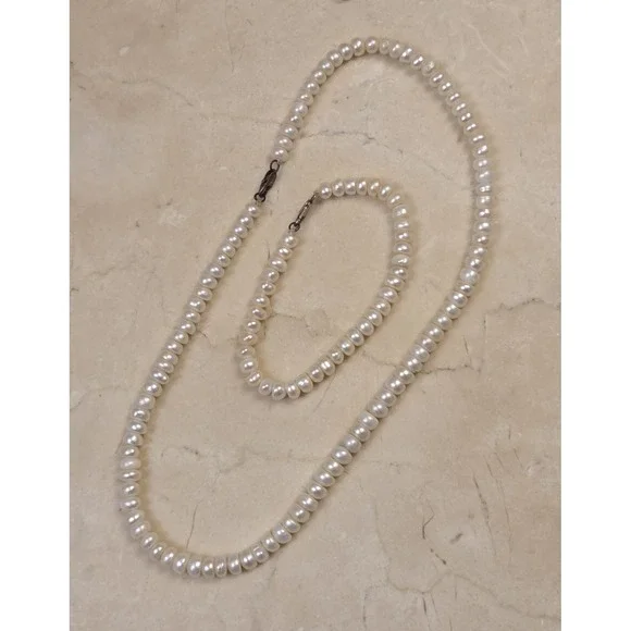 Vintage Genuine Pearl Necklace 17" & Bracelet 7" Sterling Silver Claps 5-7mm - Picture 3 of 5